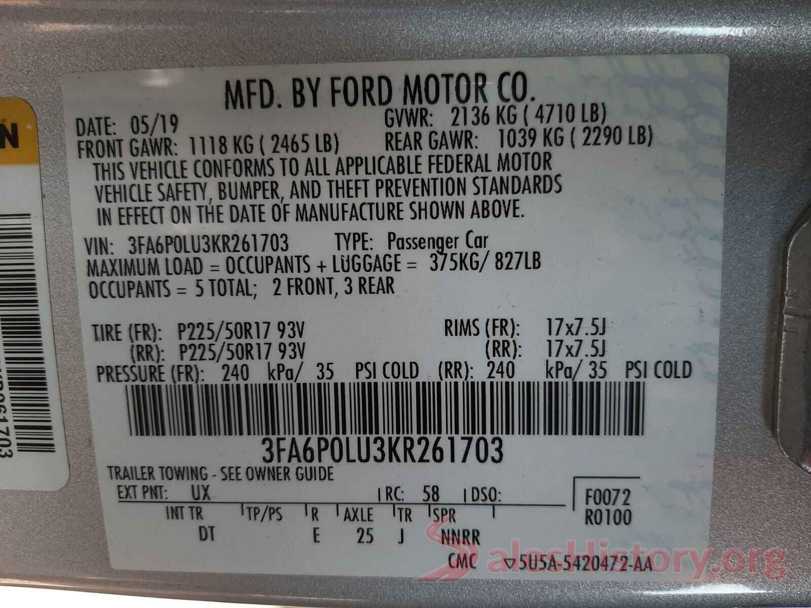 3FA6P0LU3KR261703 2019 FORD FUSION