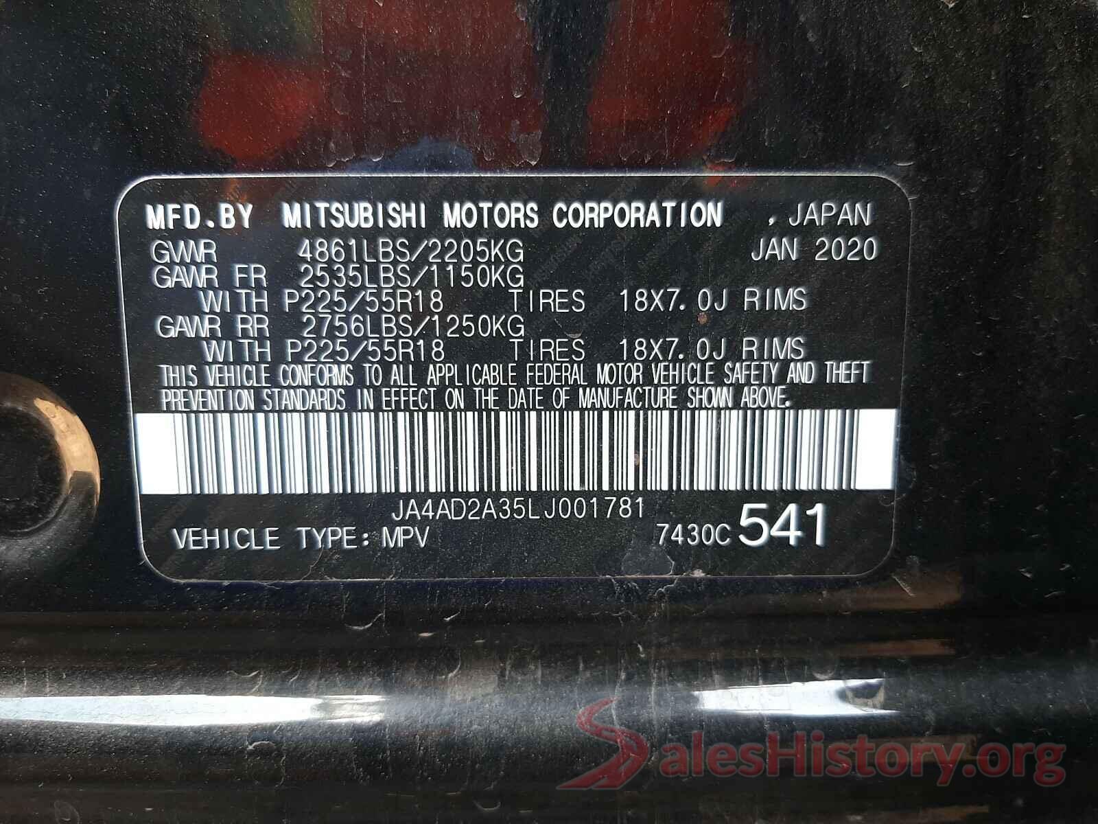 JA4AD2A35LJ001781 2020 MITSUBISHI OUTLANDER