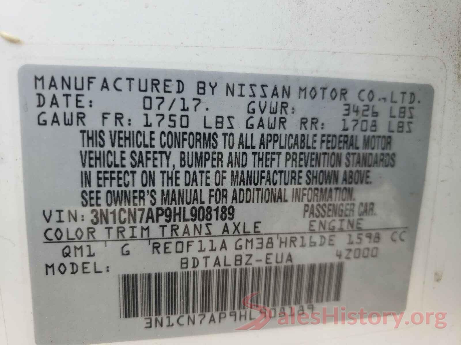 3N1CN7AP9HL908189 2017 NISSAN VERSA