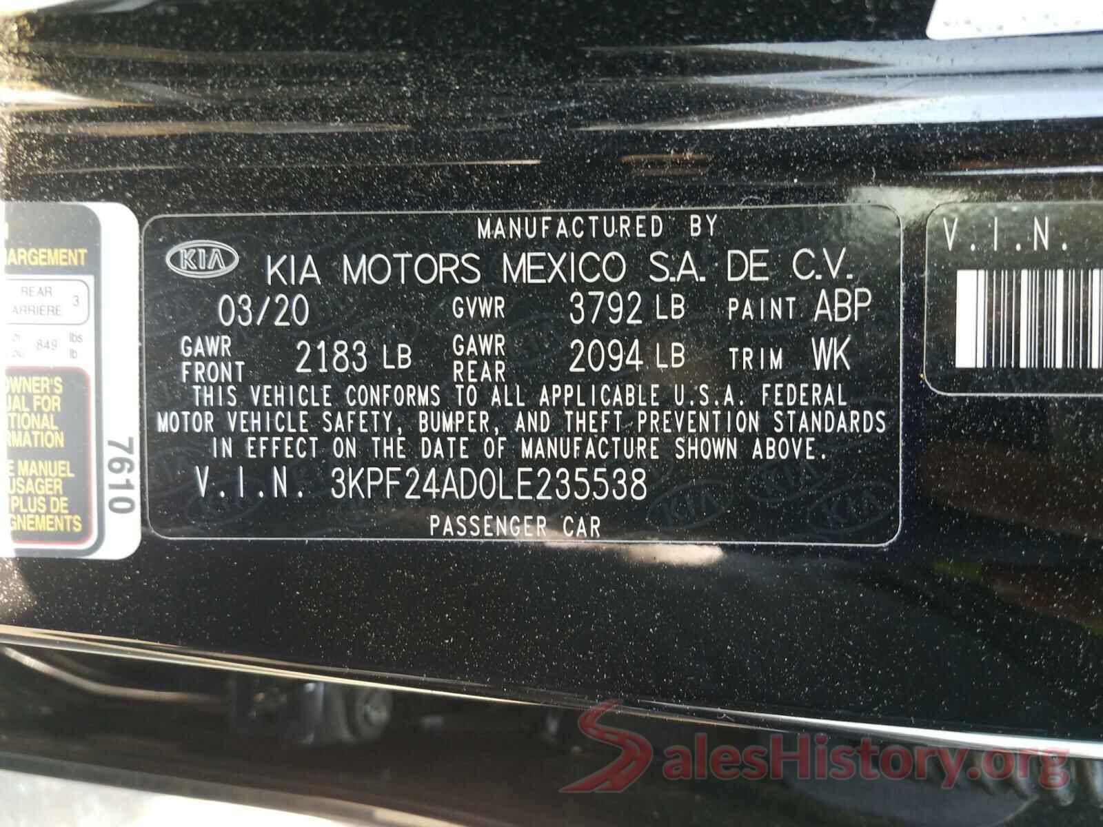 3KPF24AD0LE235538 2020 KIA FORTE