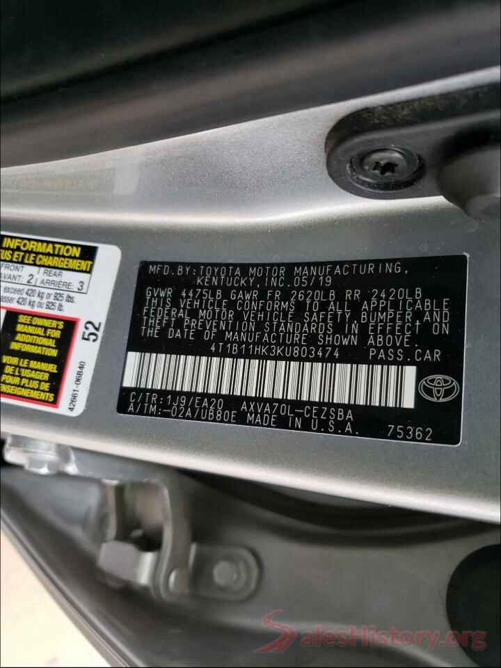 4T1B11HK3KU803474 2019 TOYOTA CAMRY