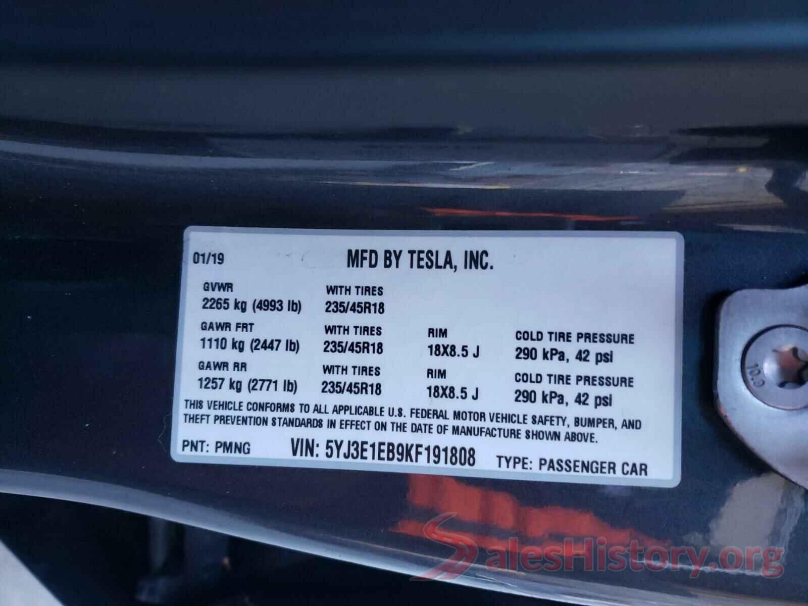 5YJ3E1EB9KF191808 2019 TESLA MODEL 3