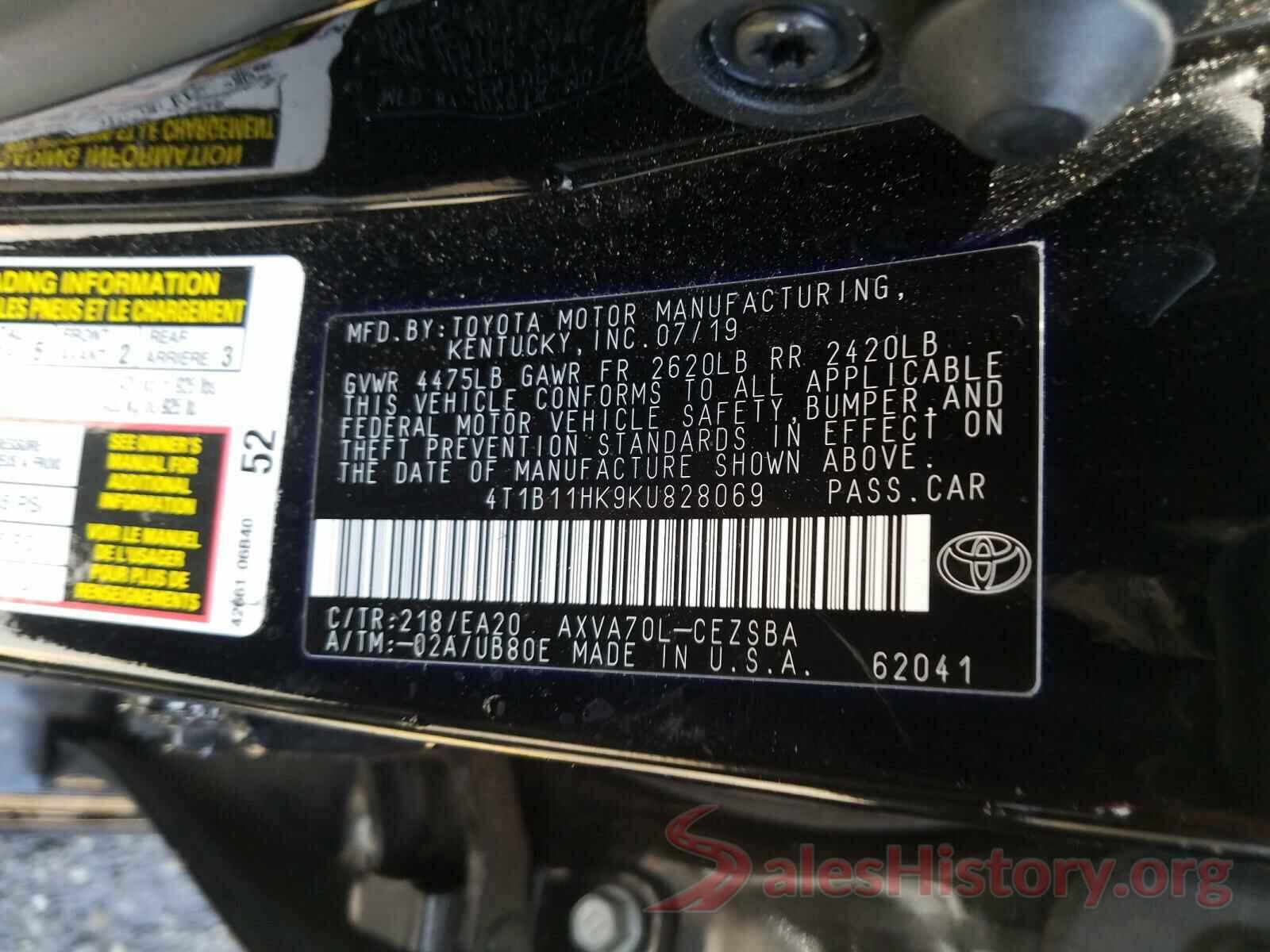 4T1B11HK9KU828069 2019 TOYOTA CAMRY