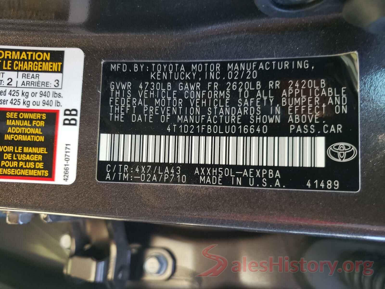 4T1D21FB0LU016640 2020 TOYOTA AVALON