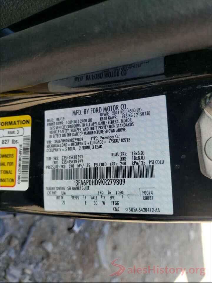 3FA6P0HD9KR279809 2019 FORD FUSION