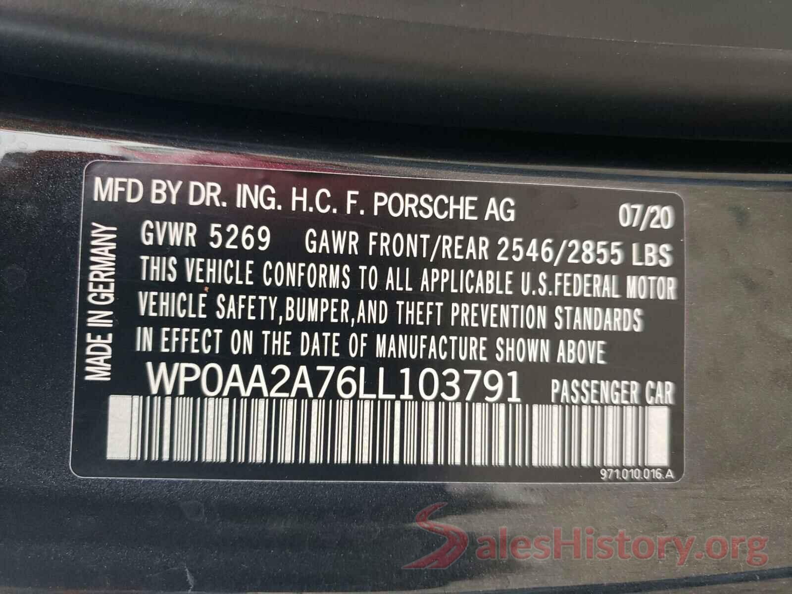 WP0AA2A76LL103791 2020 PORSCHE PANAMERA