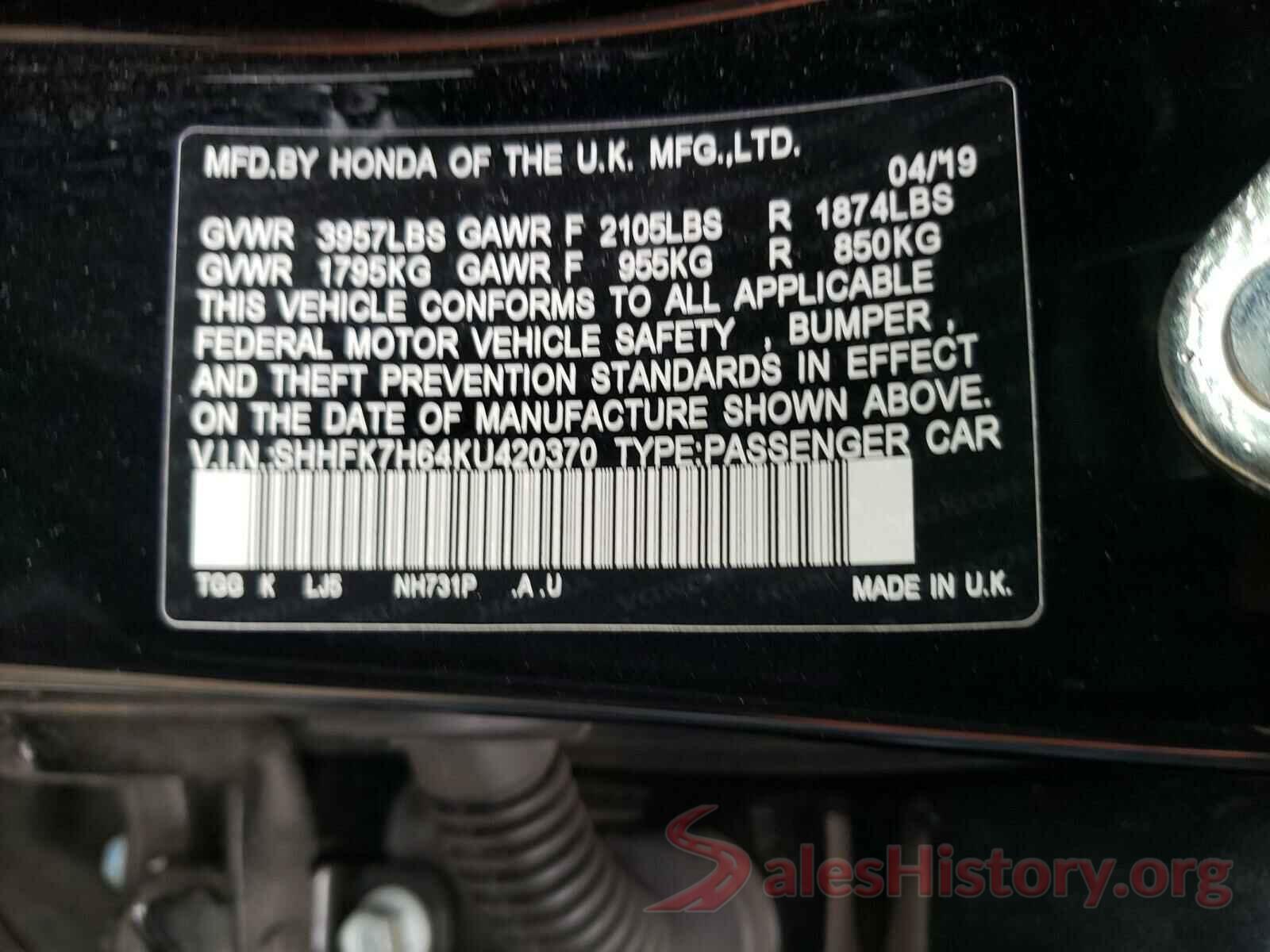 SHHFK7H64KU420370 2019 HONDA CIVIC