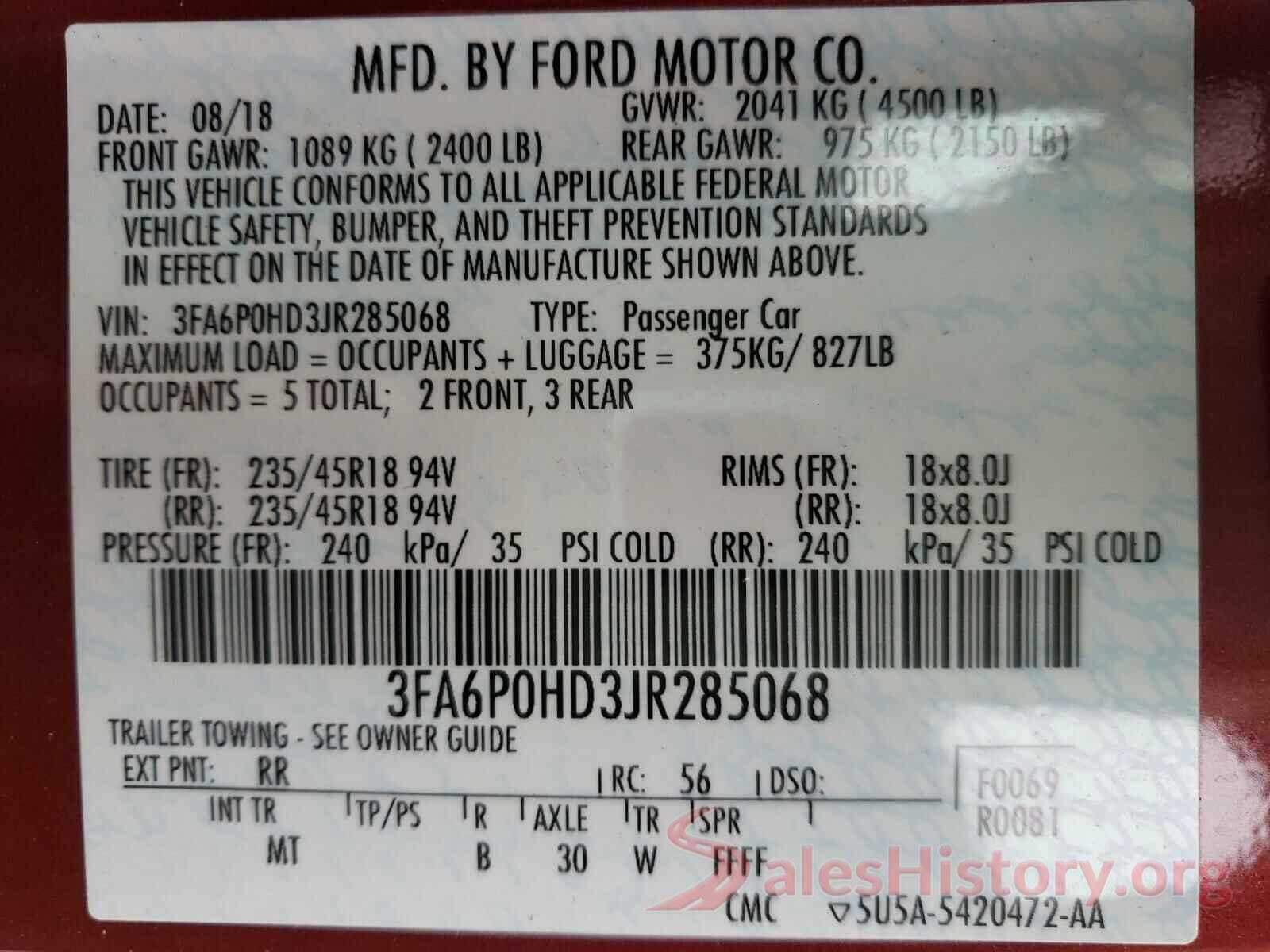 3FA6P0HD3JR285068 2018 FORD FUSION