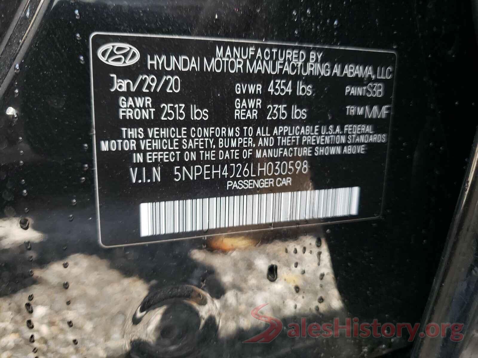 5NPEH4J26LH030598 2020 HYUNDAI SONATA