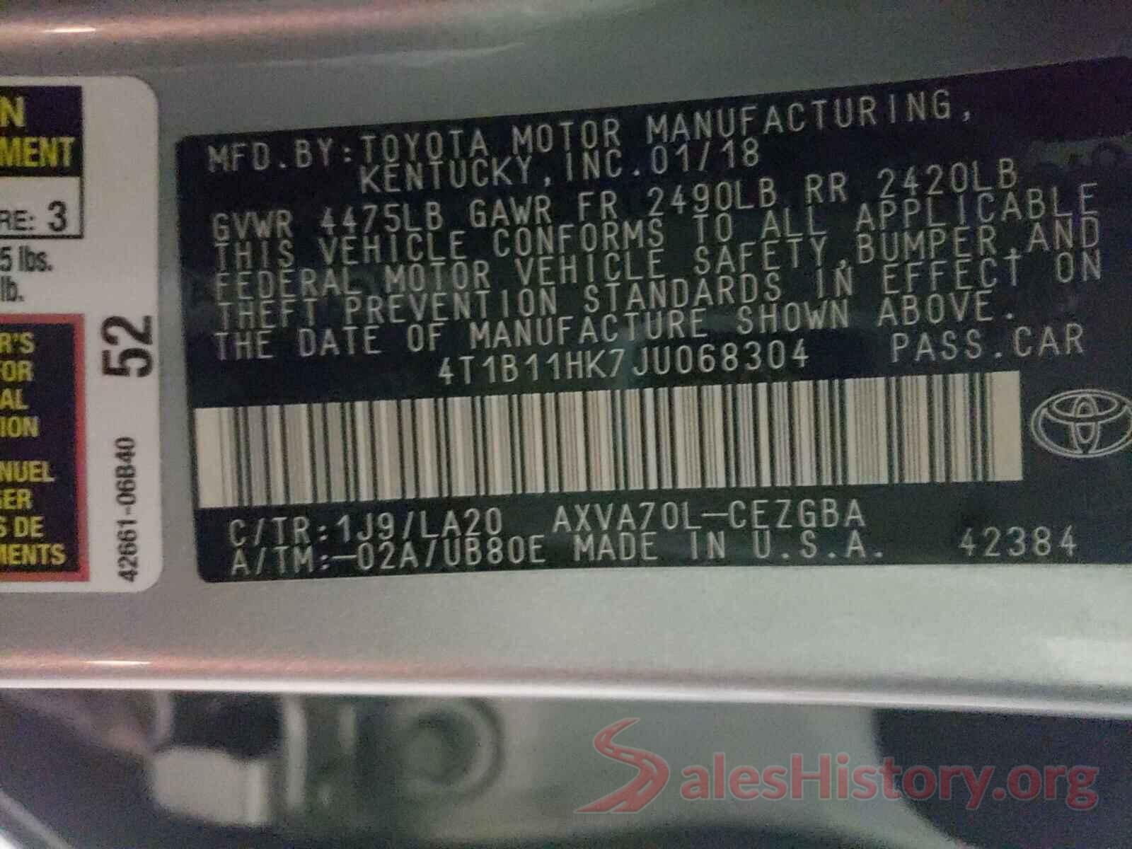 4T1B11HK7JU068304 2018 TOYOTA CAMRY