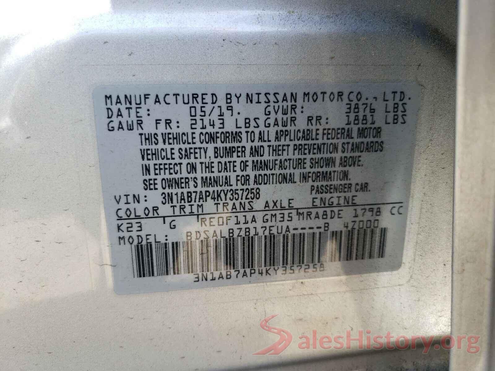 3N1AB7AP4KY357258 2019 NISSAN SENTRA