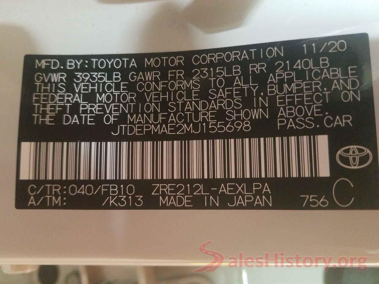 JTDEPMAE2MJ155698 2021 TOYOTA COROLLA