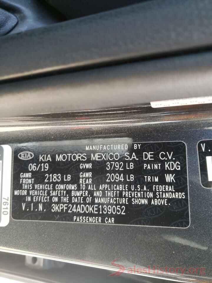 3KPF24AD0KE139052 2019 KIA FORTE