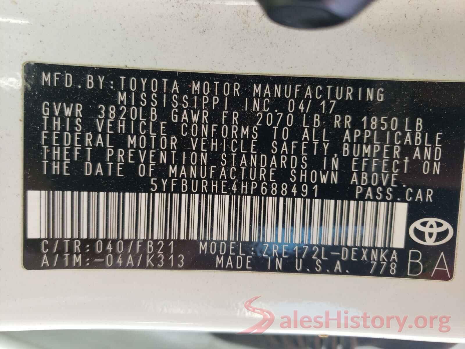 5YFBURHE4HP688491 2017 TOYOTA COROLLA