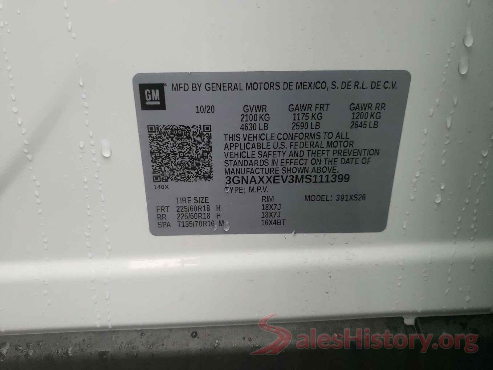 3GNAXXEV3MS111399 2021 CHEVROLET EQUINOX