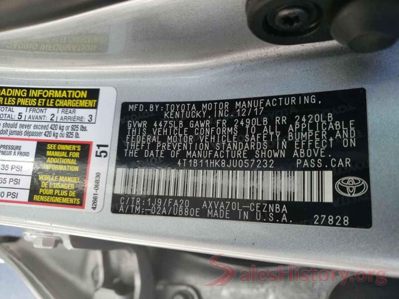 4T1B11HK8JU057232 2018 TOYOTA CAMRY