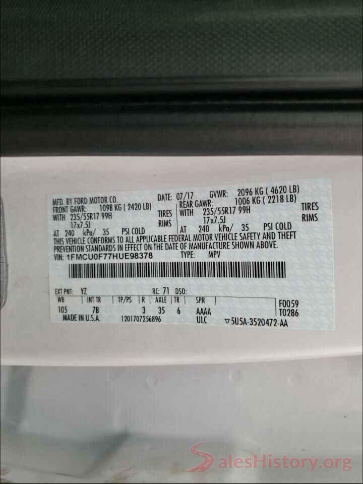 1FMCU0F77HUE98378 2017 FORD ESCAPE