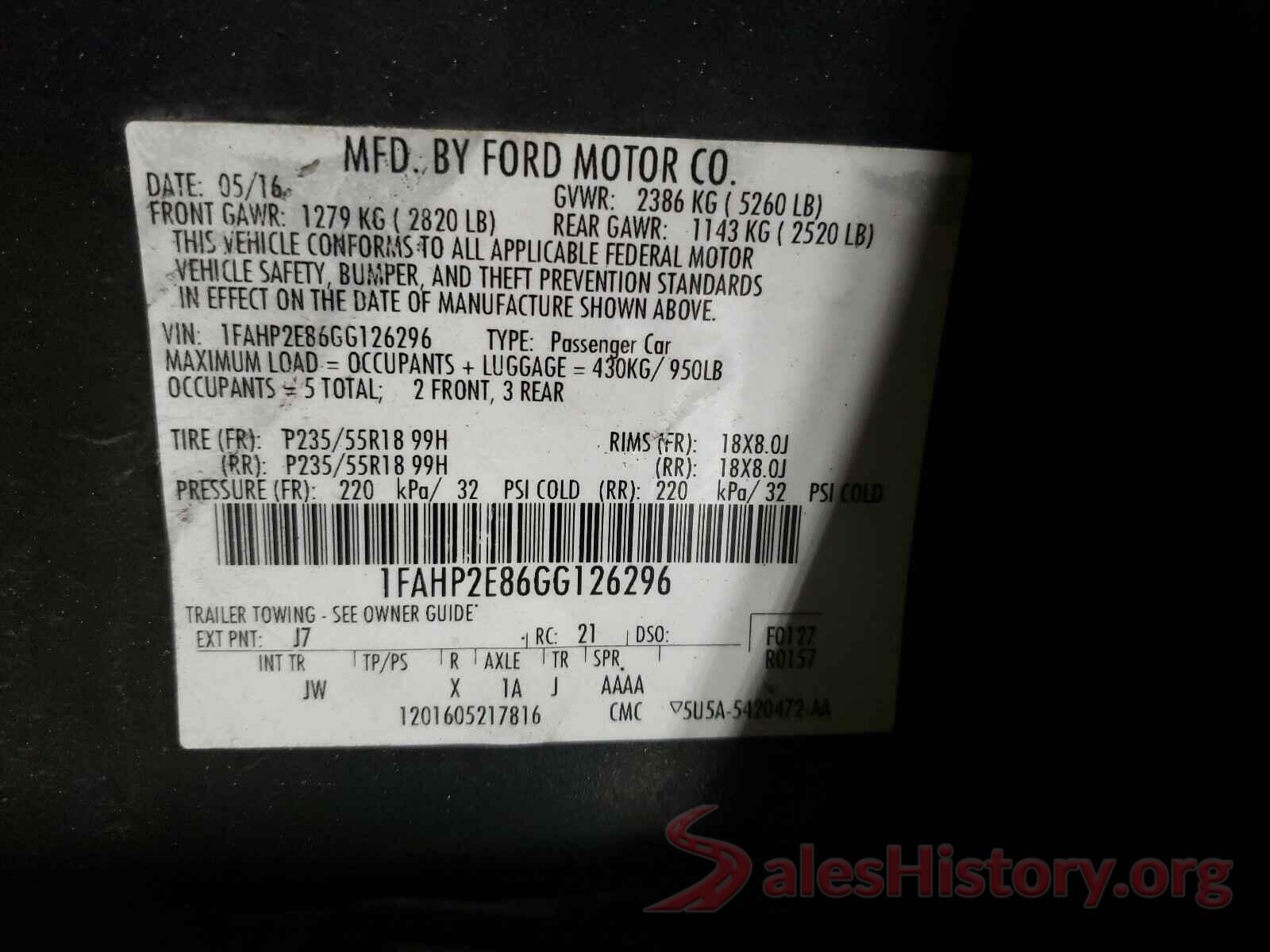 1FAHP2E86GG126296 2016 FORD TAURUS