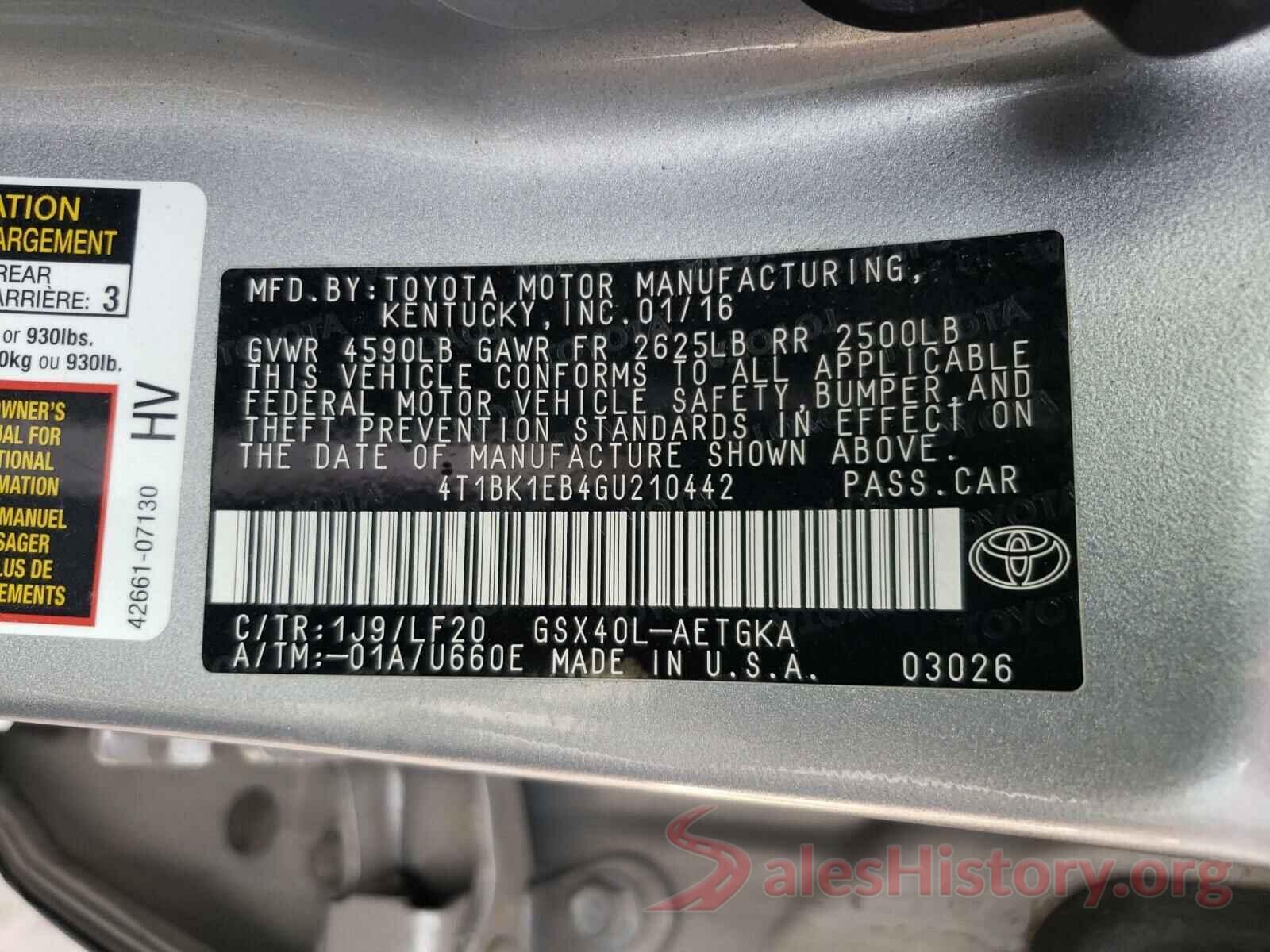 4T1BK1EB4GU210442 2016 TOYOTA AVALON