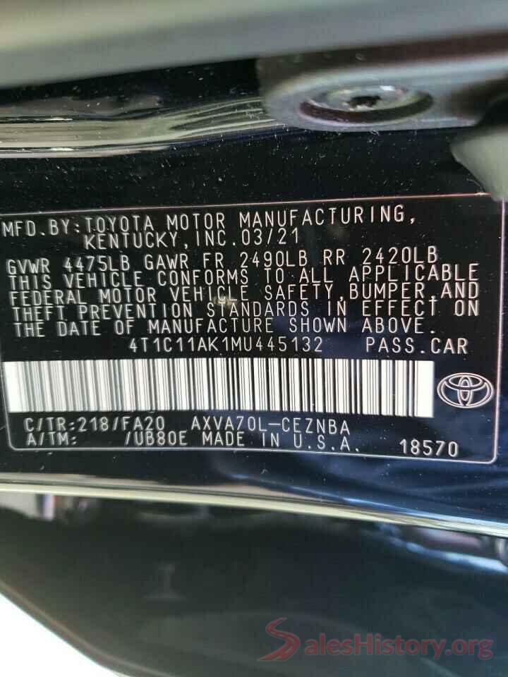 4T1C11AK1MU445132 2021 TOYOTA CAMRY