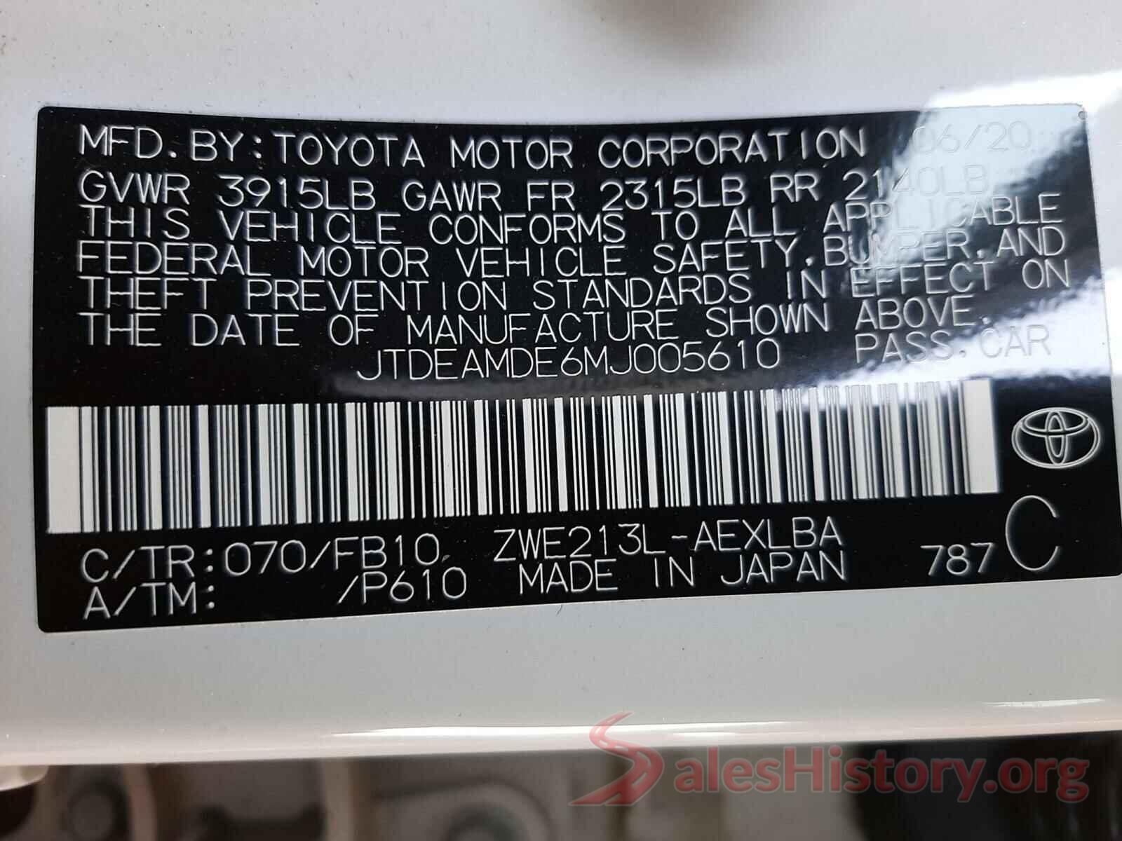 JTDEAMDE6MJ005610 2021 TOYOTA COROLLA