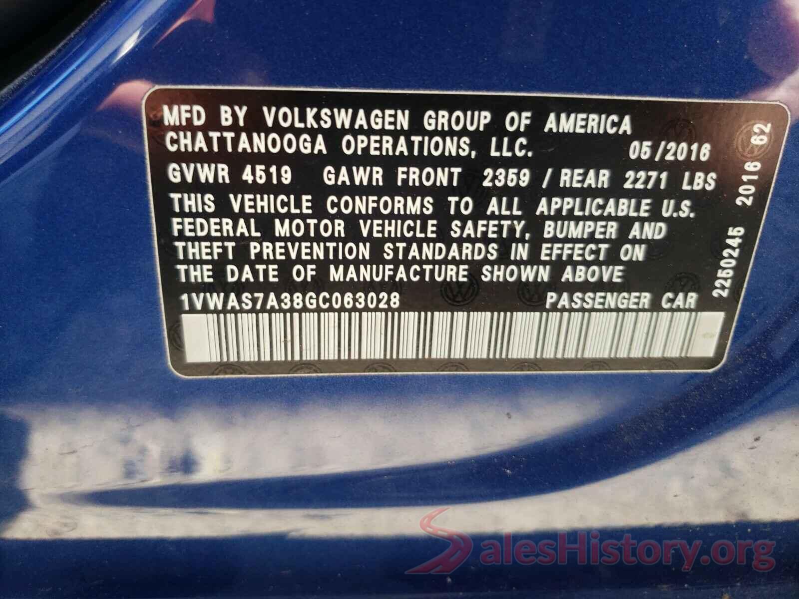 1VWAS7A38GC063028 2016 VOLKSWAGEN PASSAT