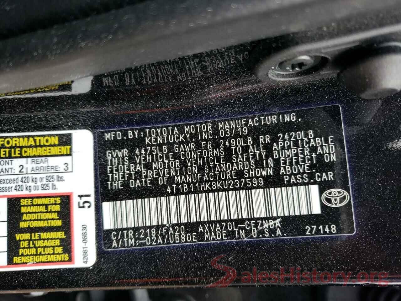 4T1B11HK8KU237599 2019 TOYOTA CAMRY