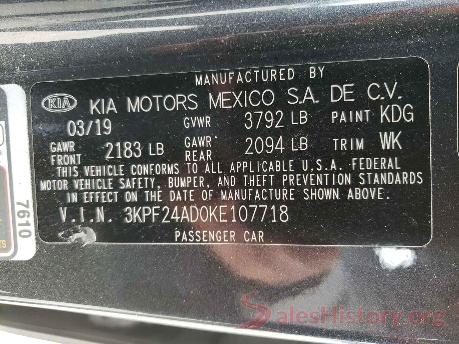 3KPF24AD0KE107718 2019 KIA FORTE