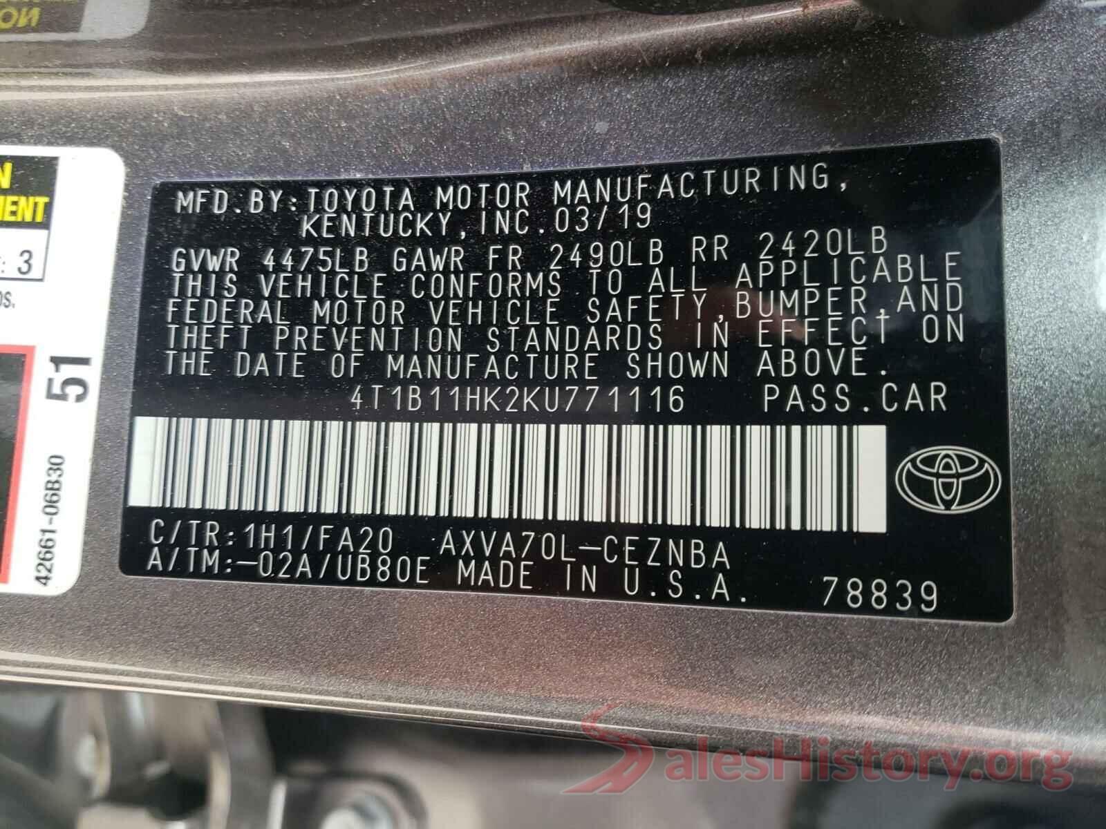 4T1B11HK2KU771116 2019 TOYOTA CAMRY