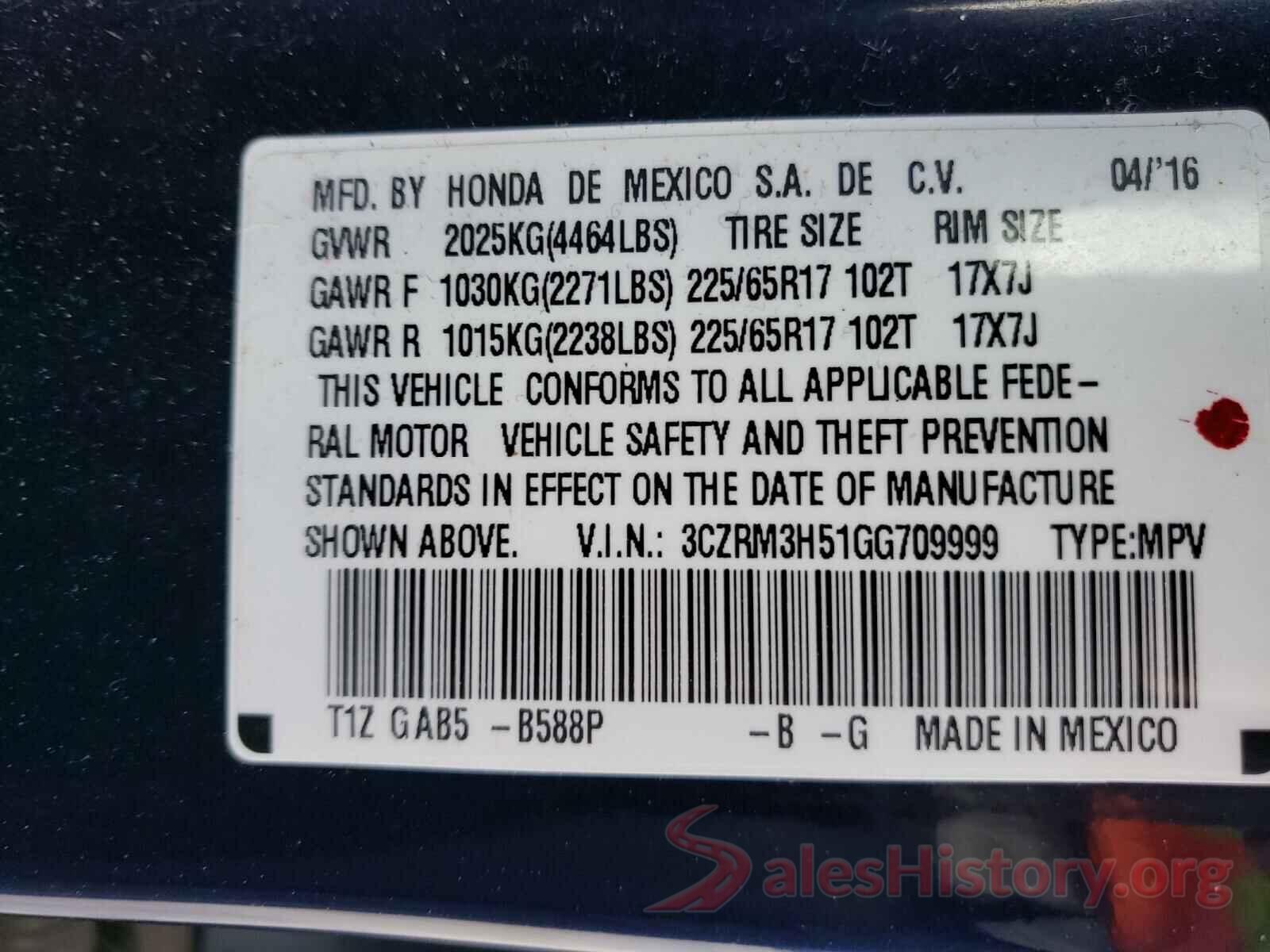 3CZRM3H51GG709999 2016 HONDA CRV