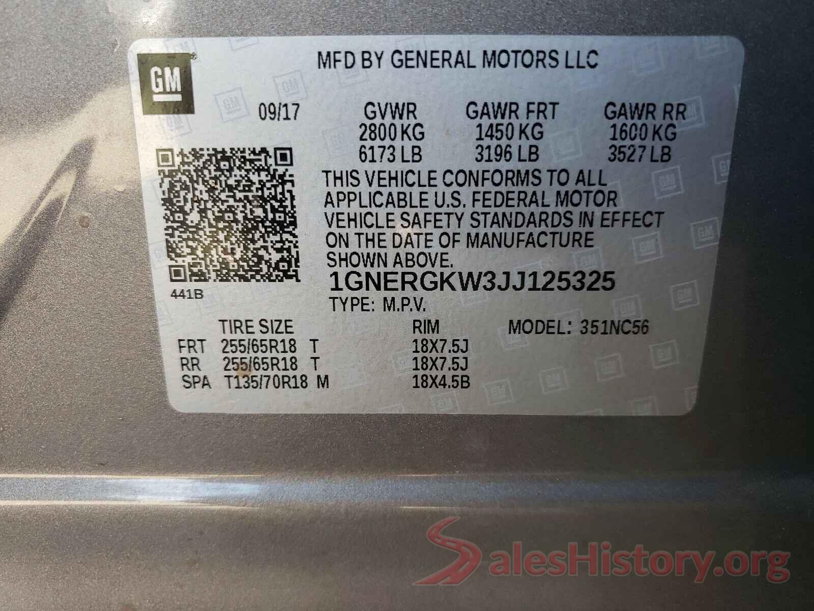 1GNERGKW3JJ125325 2018 CHEVROLET TRAVERSE