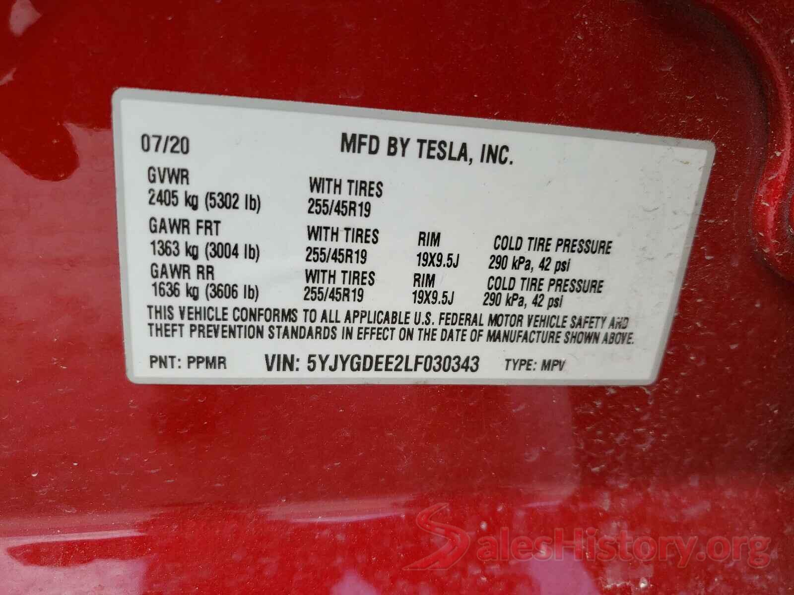 5YJYGDEE2LF030343 2020 TESLA MODEL Y