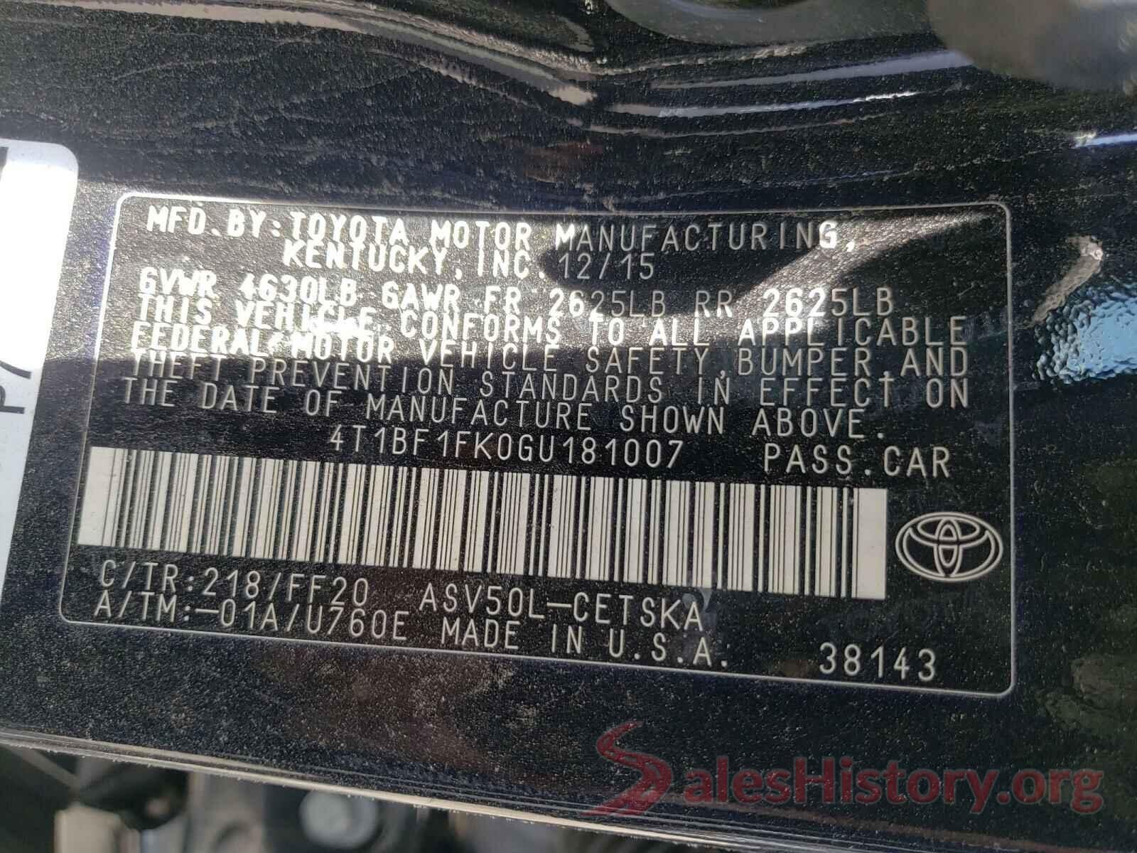 4T1BF1FK0GU181007 2016 TOYOTA CAMRY