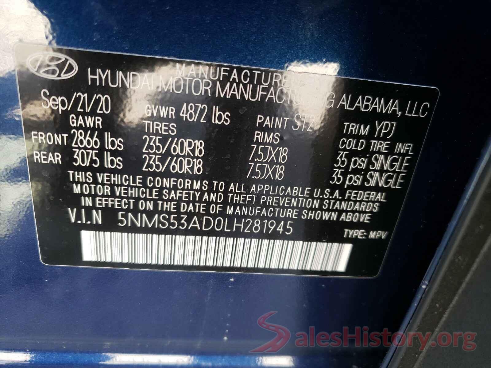 5NMS53AD0LH281945 2020 HYUNDAI SANTA FE