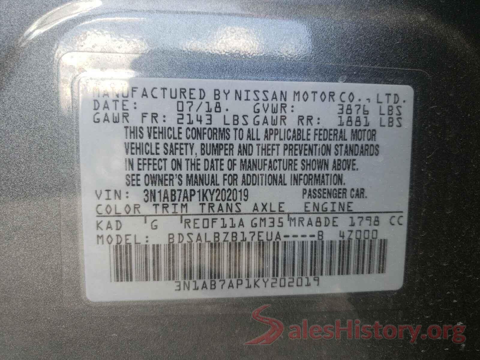 3N1AB7AP1KY202019 2019 NISSAN SENTRA