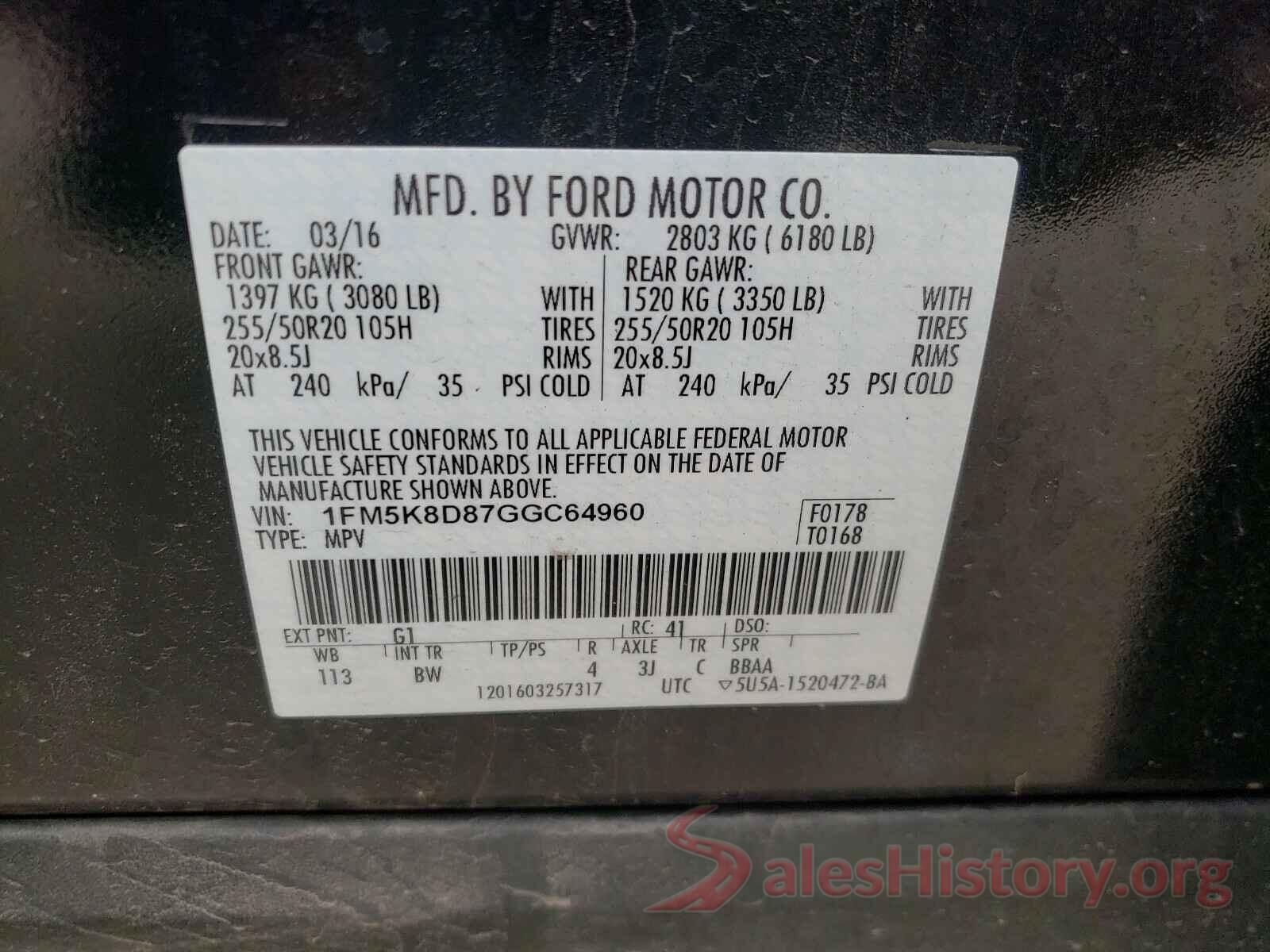 1FM5K8D87GGC64960 2016 FORD EXPLORER