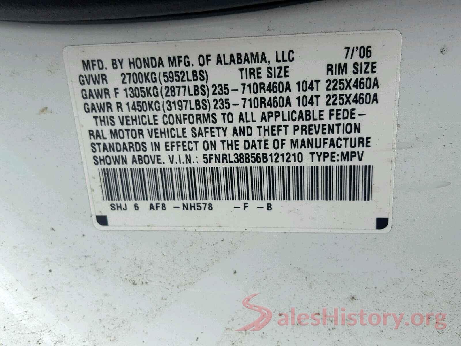 5FNRL38856B121210 2006 HONDA ODYSSEY TO