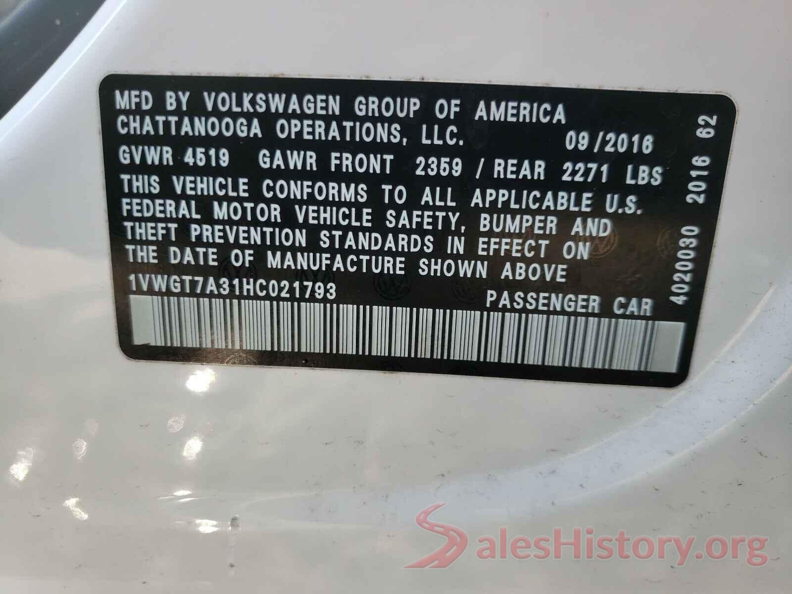 1VWGT7A31HC021793 2017 VOLKSWAGEN PASSAT