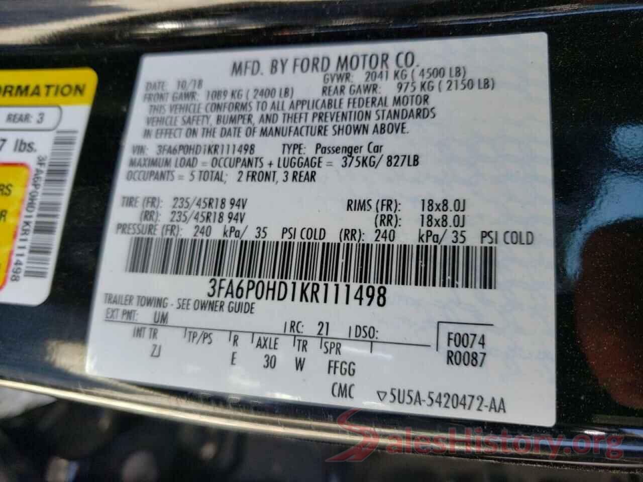 3FA6P0HD1KR111498 2019 FORD FUSION