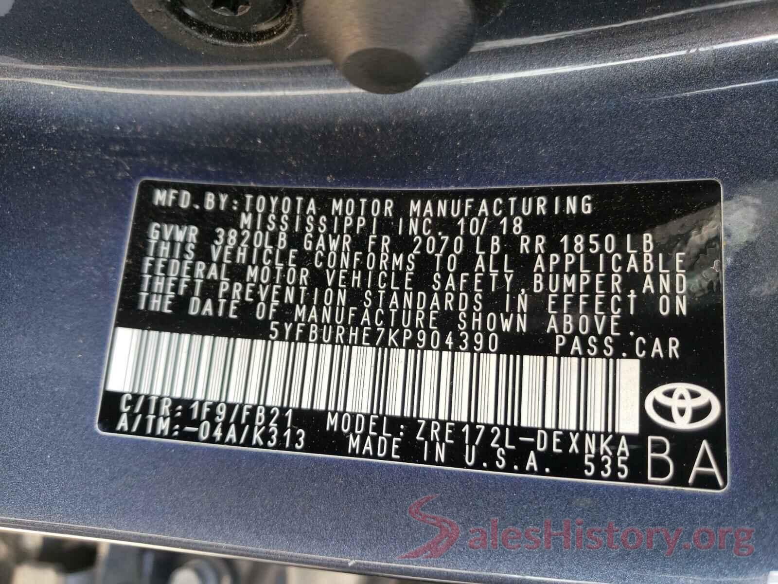 5YFBURHE7KP904390 2019 TOYOTA COROLLA