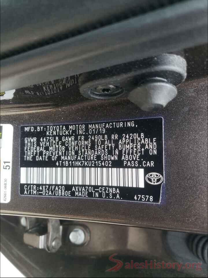 4T1B11HK7KU215402 2019 TOYOTA CAMRY