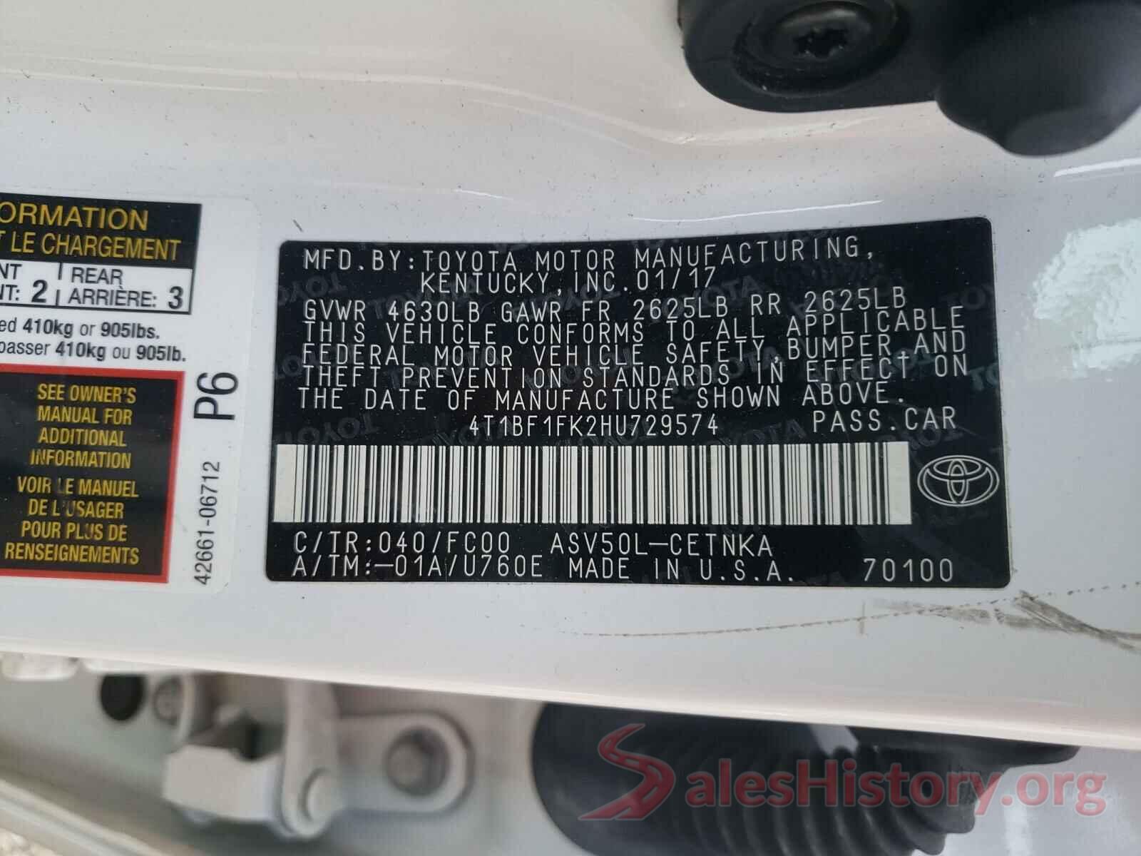 4T1BF1FK2HU729574 2017 TOYOTA CAMRY