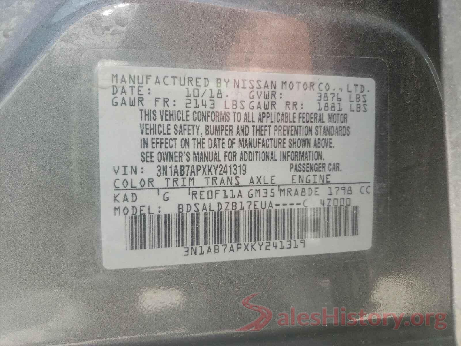 3N1AB7APXKY241319 2019 NISSAN SENTRA