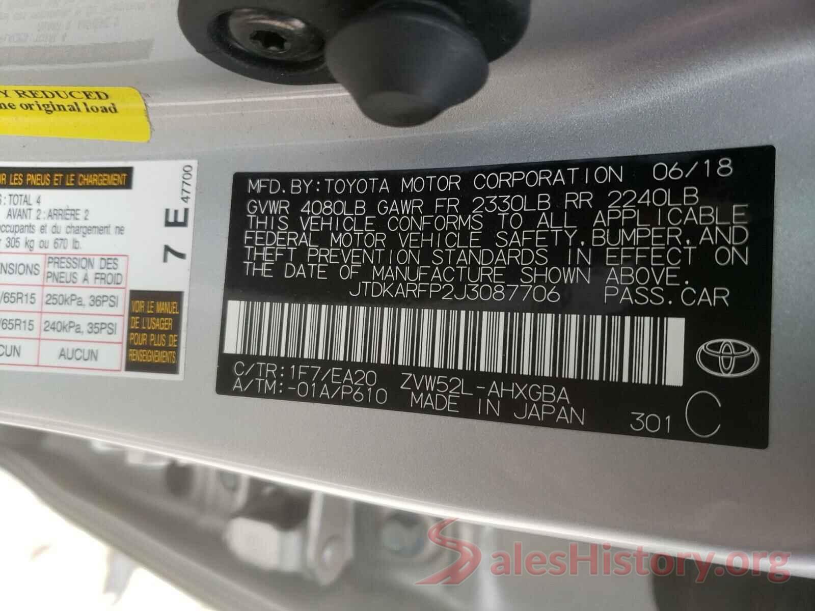 JTDKARFP2J3087706 2018 TOYOTA PRIUS