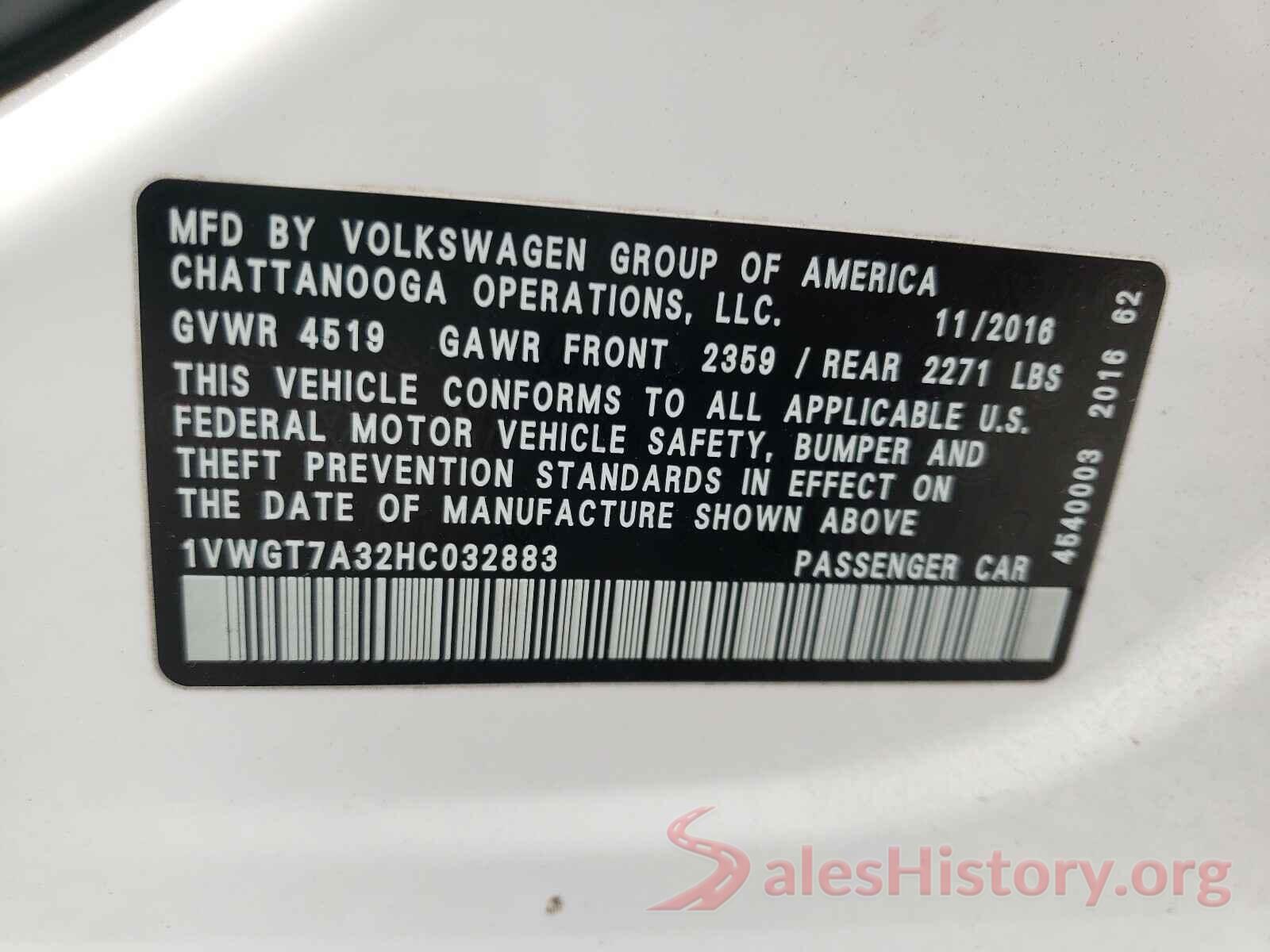 1VWGT7A32HC032883 2017 VOLKSWAGEN PASSAT