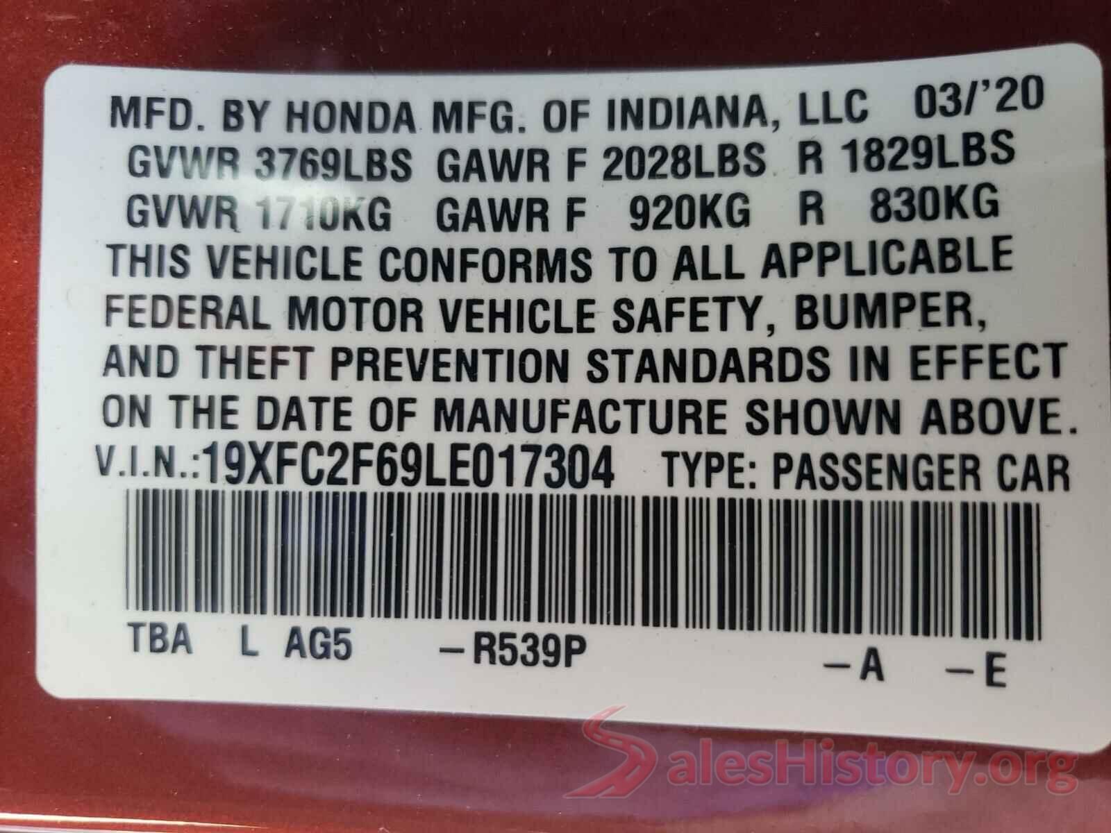 19XFC2F69LE017304 2020 HONDA CIVIC