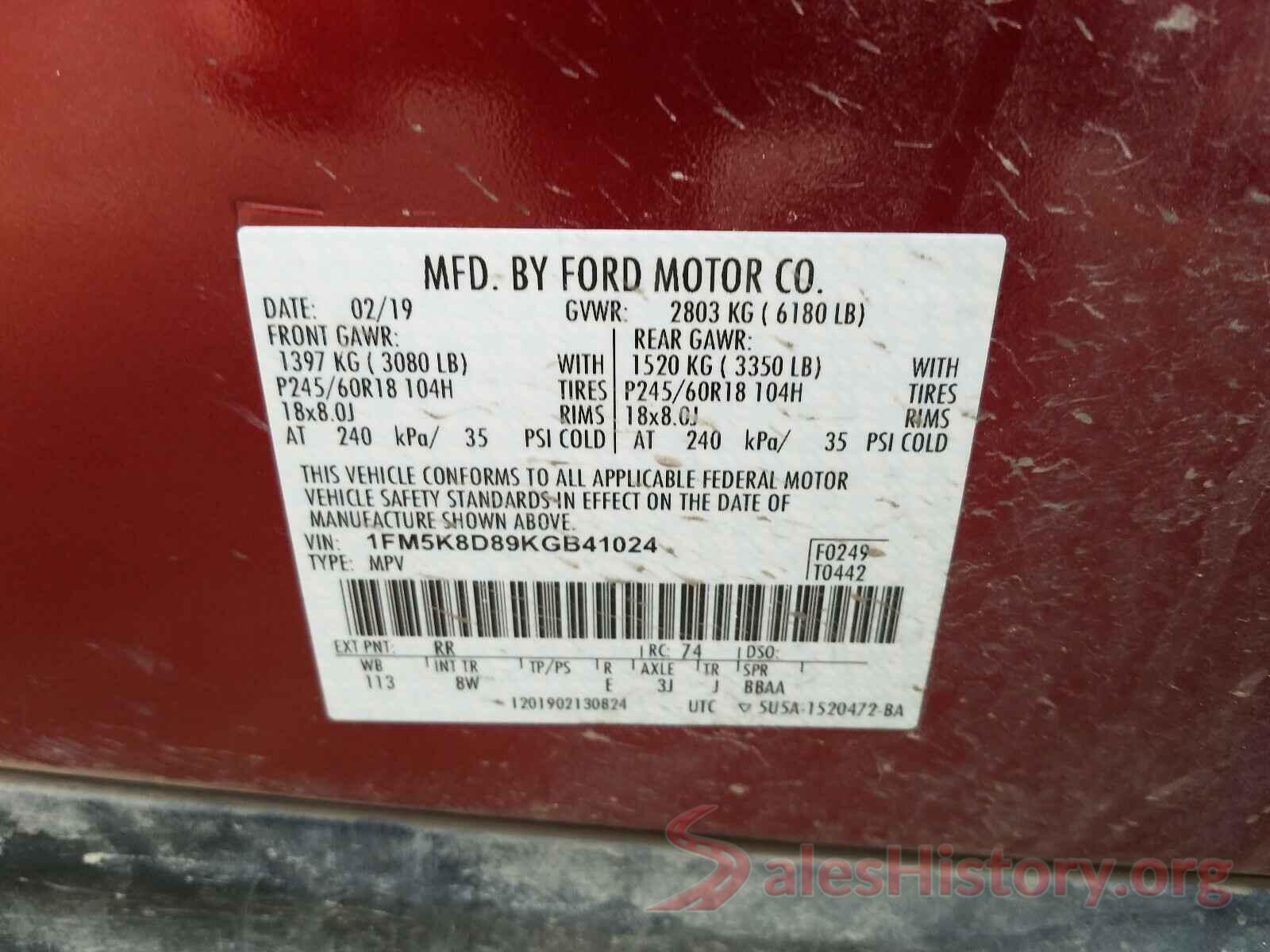 1FM5K8D89KGB41024 2019 FORD EXPLORER