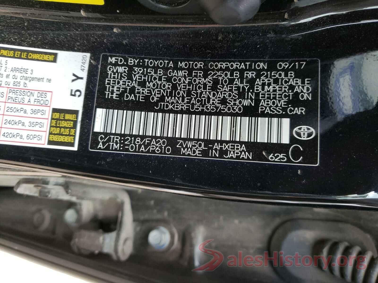 JTDKBRFU5H3575030 2017 TOYOTA PRIUS