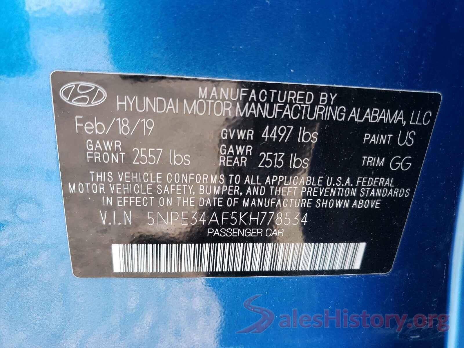 5NPE34AF5KH778534 2019 HYUNDAI SONATA