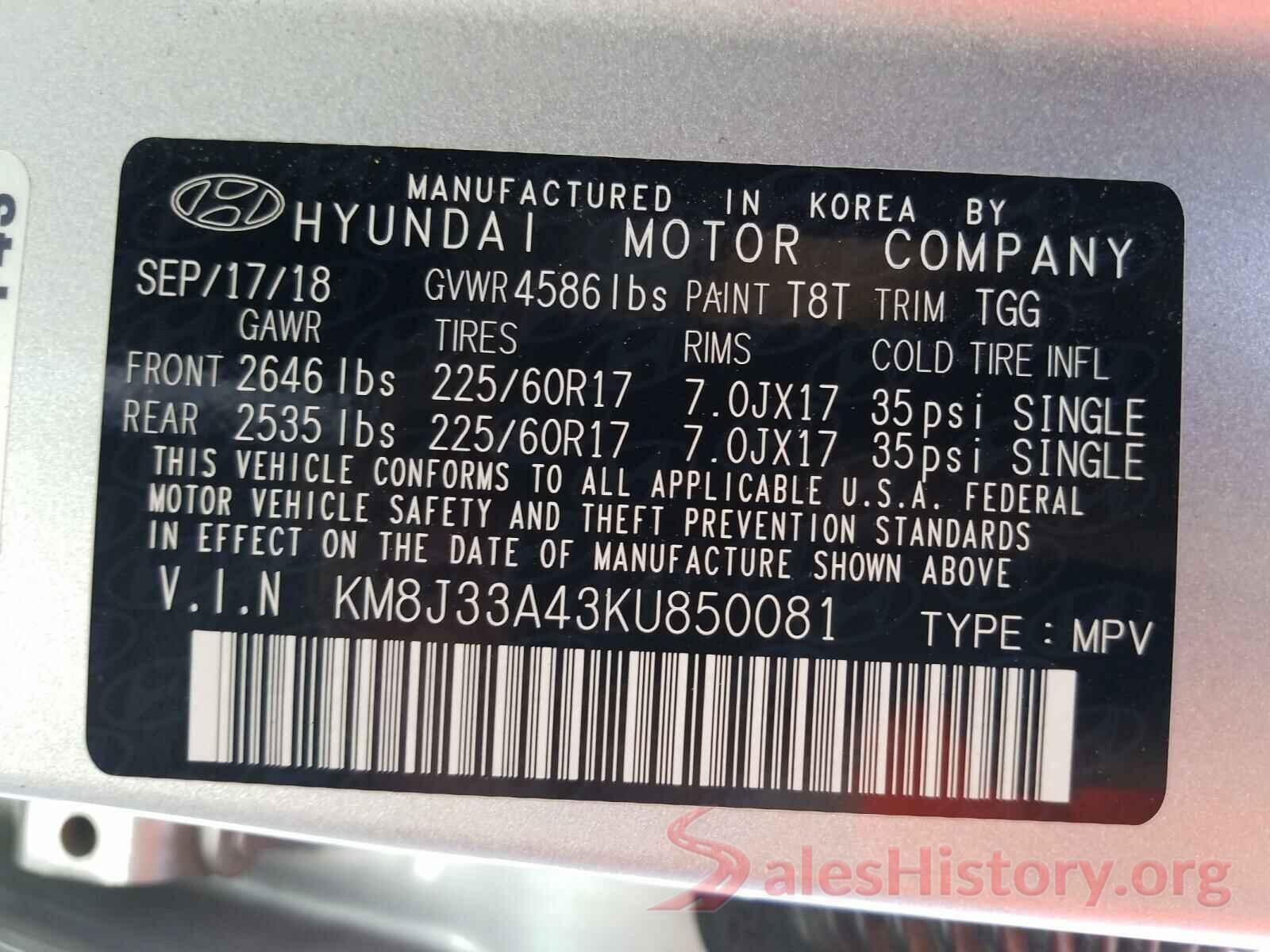 KM8J33A43KU850081 2019 HYUNDAI TUCSON